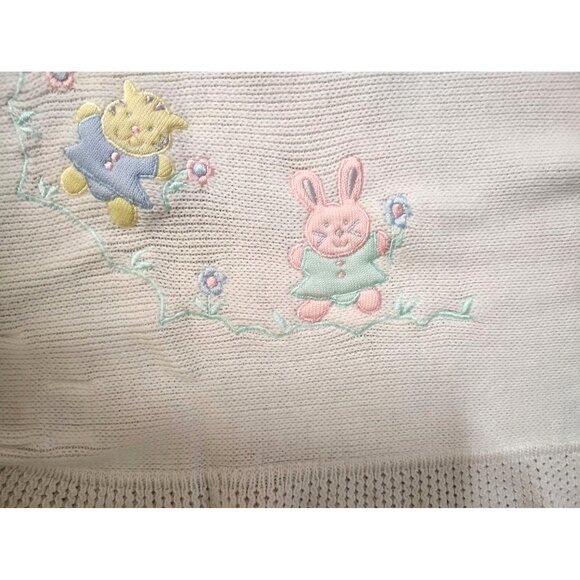 Vintage Welcome Home Knit Baby Blanket, White, Pink Trim, Bunny, Cat Embroidered - Picture 2 of 4